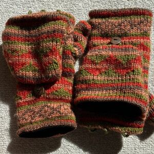 Hand-Knit, wool, fleece-lined, Convertible Mittens Orange, Green & Brown. COZY!